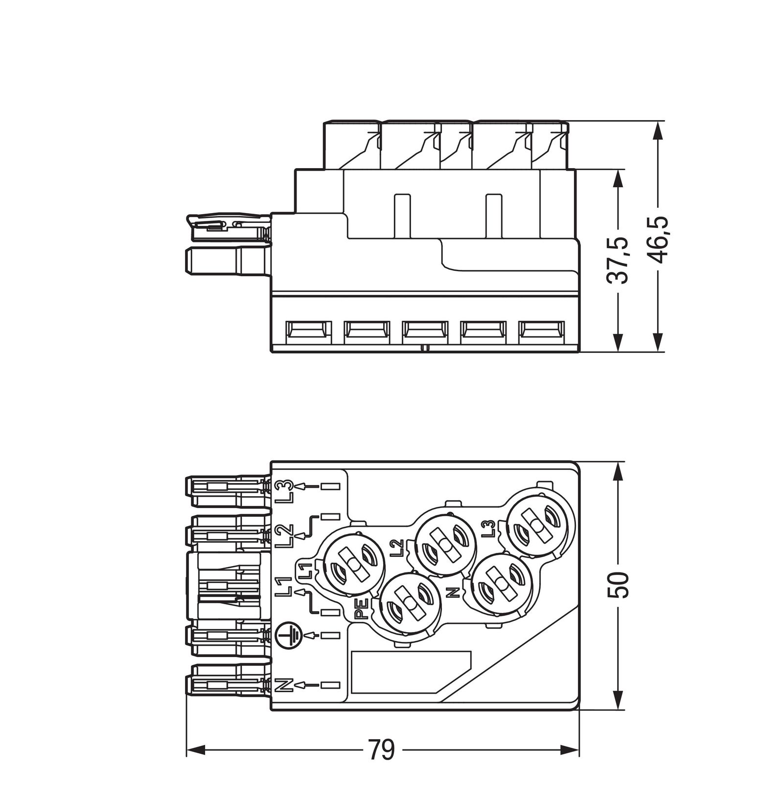 Flachleitungsadapter Serie 772 5p 4qmm 400V 25A sw Abgriff Federzugans hfr