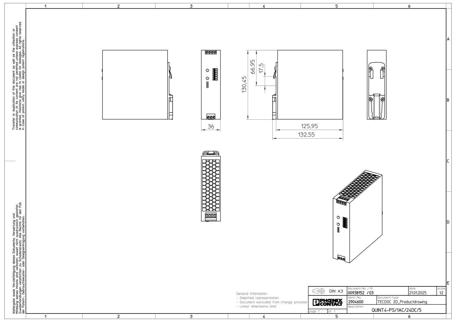 Gleichstromversorgung 24V 120W 2TE 1,5VA 100-240VAC 5A Kurzschlussf IP20