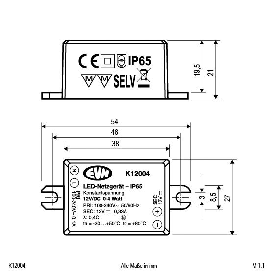 LED-Trafo 0,1-4W 8-0mA 12V IP65 Kstgeh stat 54x27x21mm