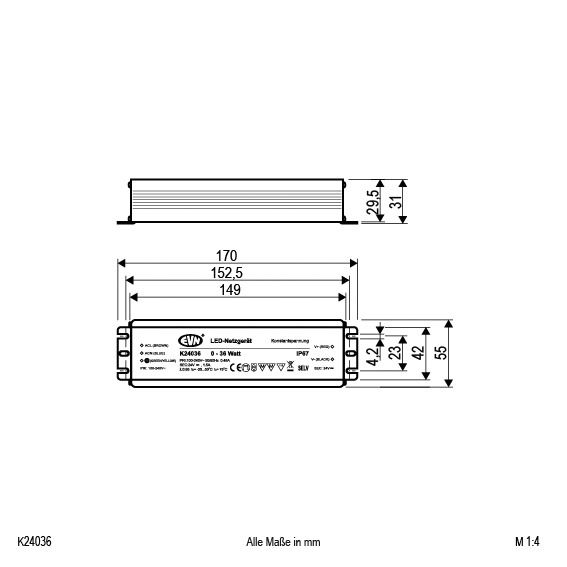 LED-Trafo 0,1-36W 1500mA 24V IP67 stat Metallgeh 170x55x31mm