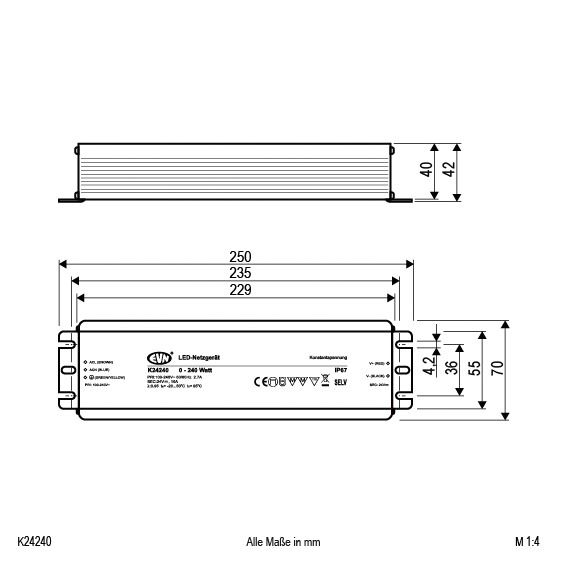LED-Trafo 0,1-240W 10000mA 24V IP67 stat Metallgeh 250x70x42mm