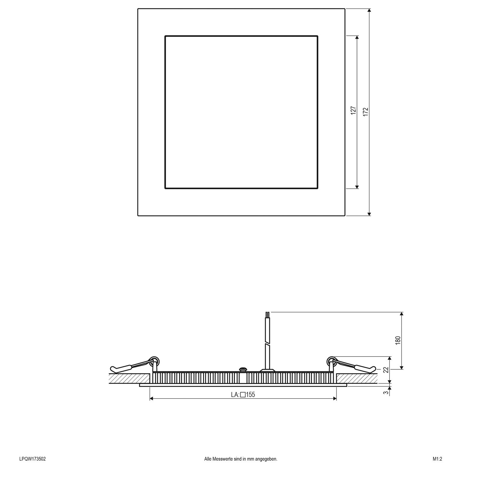 LED-Deckeneinbauleuchte 15W 3000K 1277lm ws Konv IP20 172x172x25mm