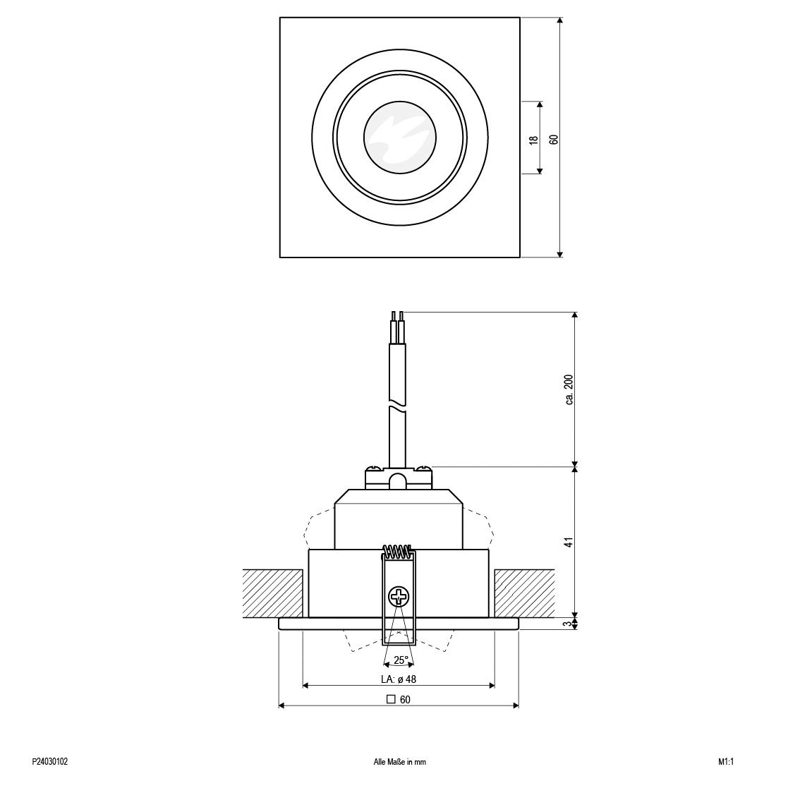 LED-Einbaustrahler 3W LED 3000K 170lm mt Konv ws 1LED Alu IP20 mediumstrahlend
