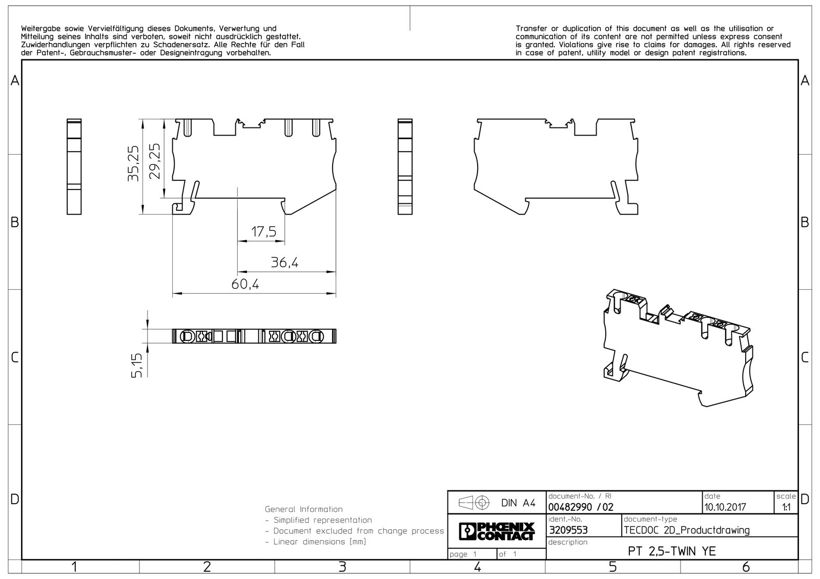 Reihenklemme 0,14-4qmm 1Etage 3kl ge 24A TS35 Hutschiene TH35