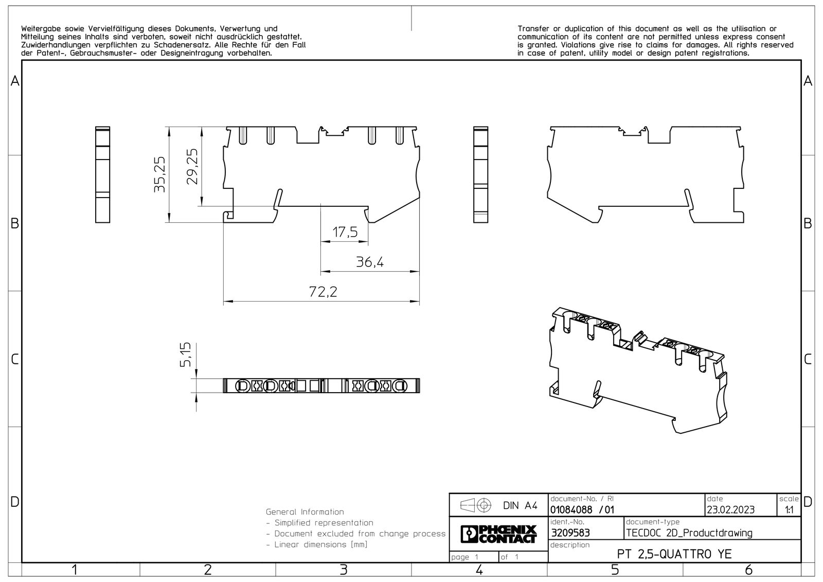 Reihenklemme 0,14-4qmm 1Etage 4kl ge 24A TS35 Hutschiene TH35