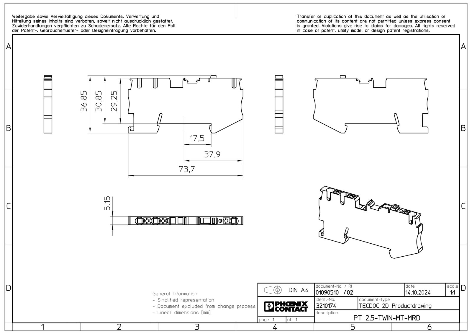 Trennreihenklemme gr 0,14-4qmm 20A 1Etage APL_erf.