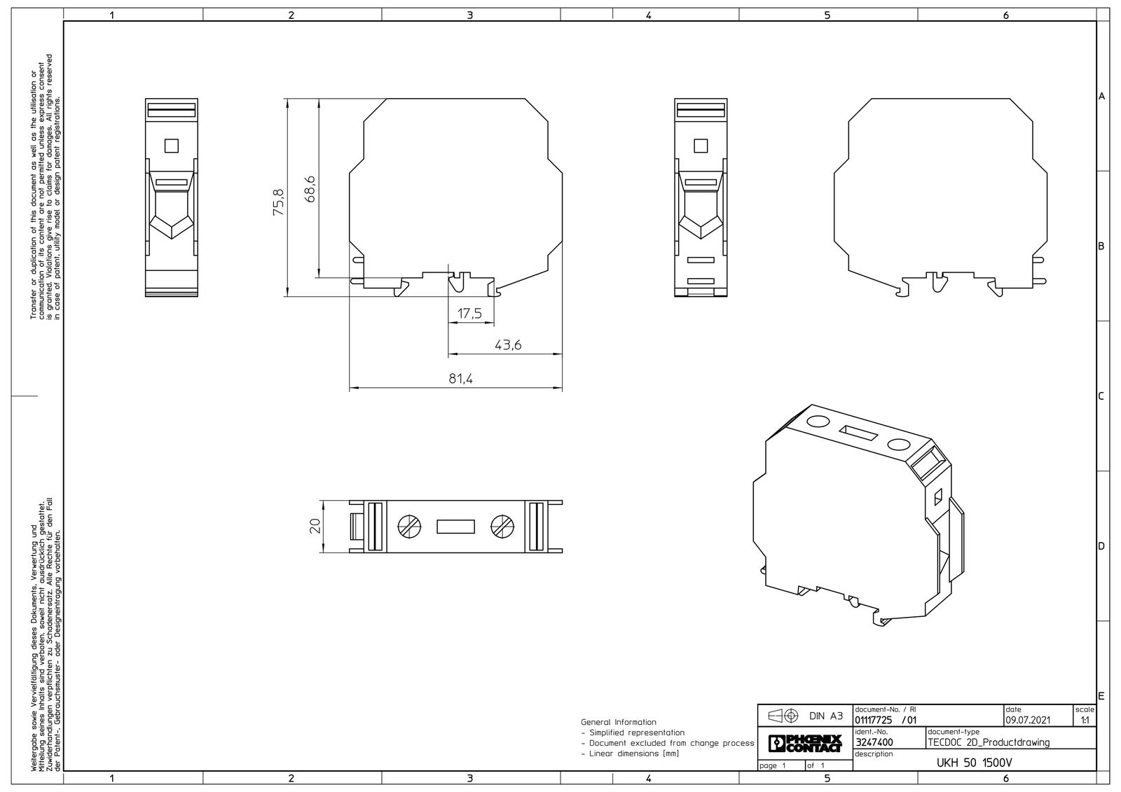 Reihenklemme 25-70qmm 1Etage 2kl gr 150A TS35 Hutschiene TH35