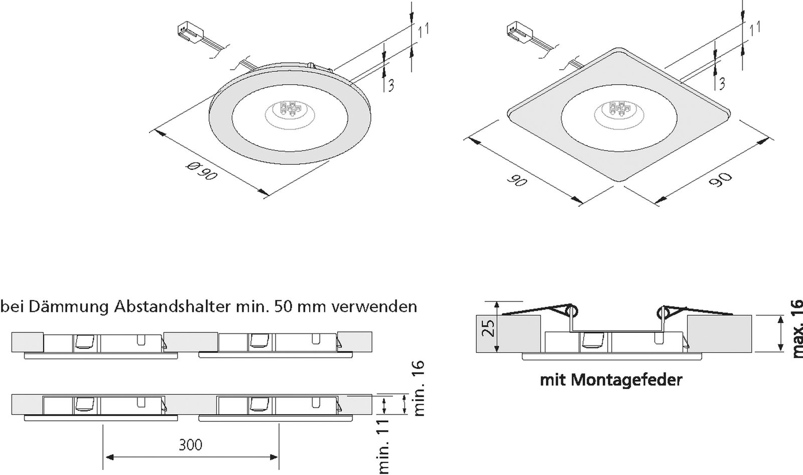 LED-Einbaustrahler 7,5W 4000K 450lm Konv sw mt 1LED Alu IP20 Ø/EB78mm 90x90x14mm