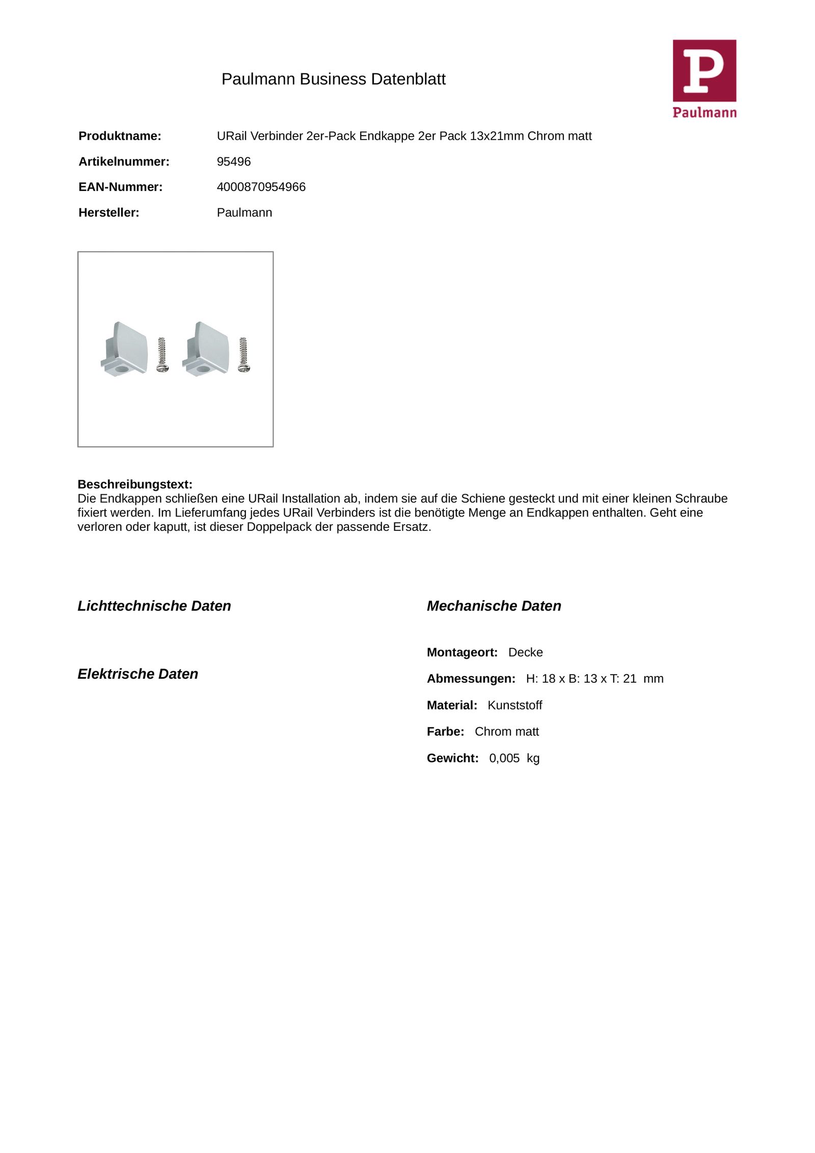 Endkappe chr URail Kst L21mm B13mm H18mm
