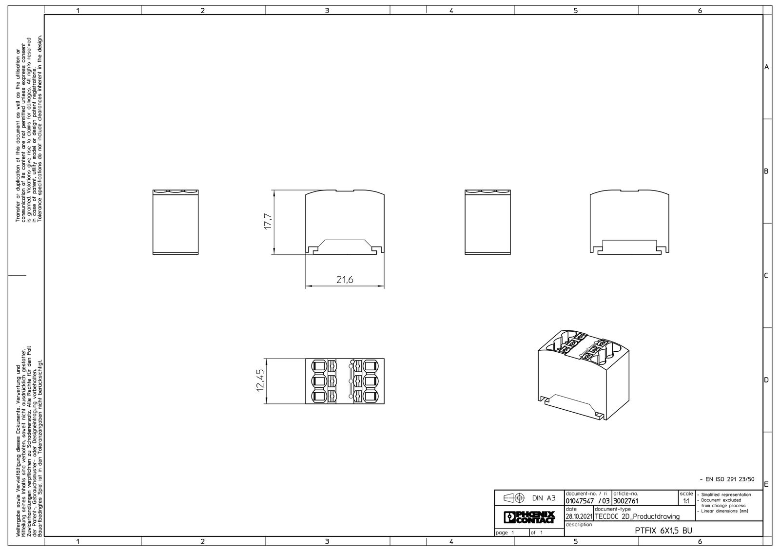 Verteilerblock 0,14-1,5qm 1Etage 6kl bl 17,5A Direktmont