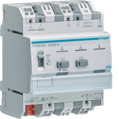 Dimmaktor KNX 5-300W REG 4TE 2Ausg uni Vor Ort-/Handbedienung