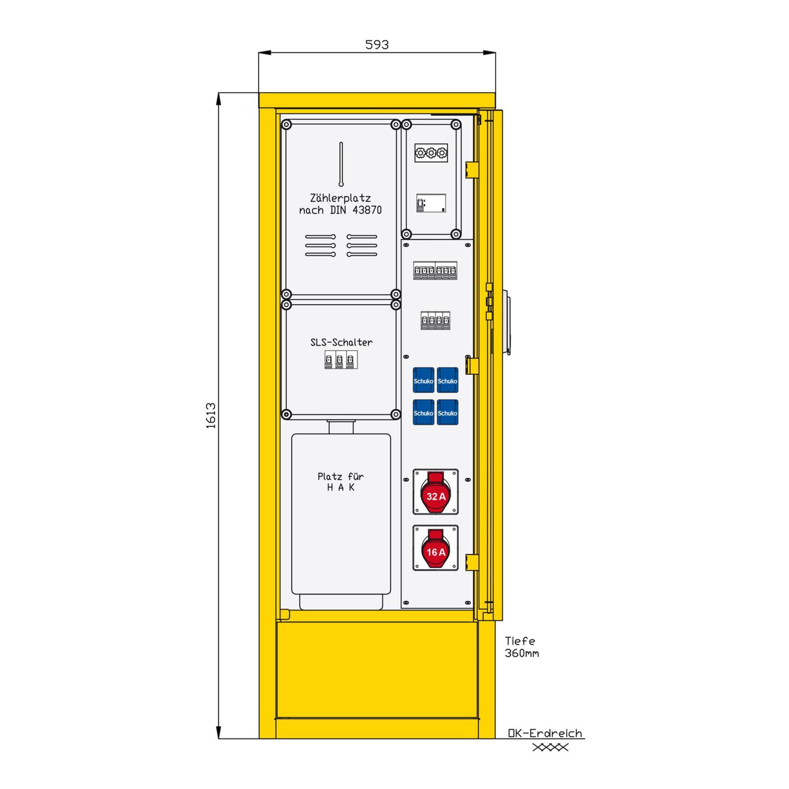 Baustromverteiler 44kVA 1CEE16A 1Zähler 4Steckdose IP44 Verteiler
