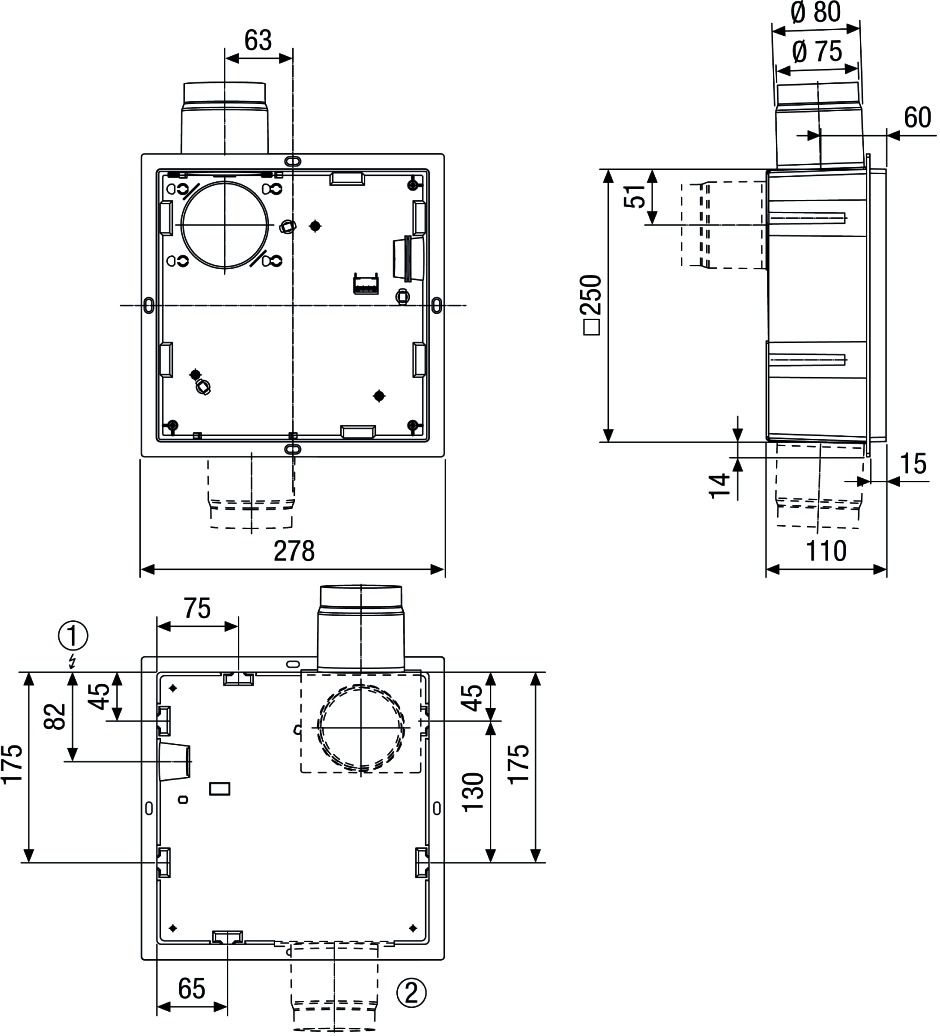 Ventilatorgehäuse Kst sw Ø75mm 250x250x110mm