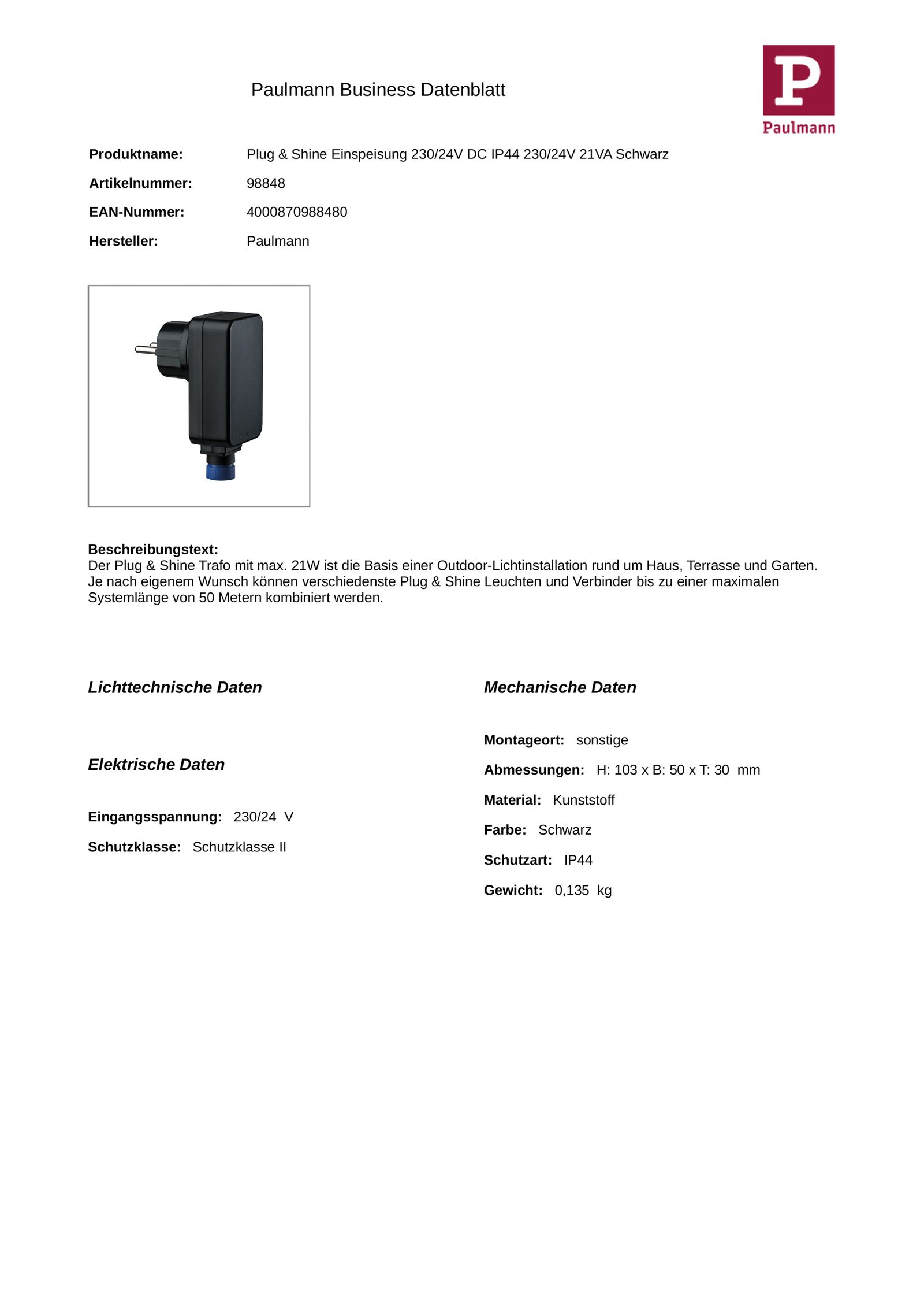 LED-Trafo 0-21W Plug&Shine 24V IP44 stat Kstgeh 104x50x30mm