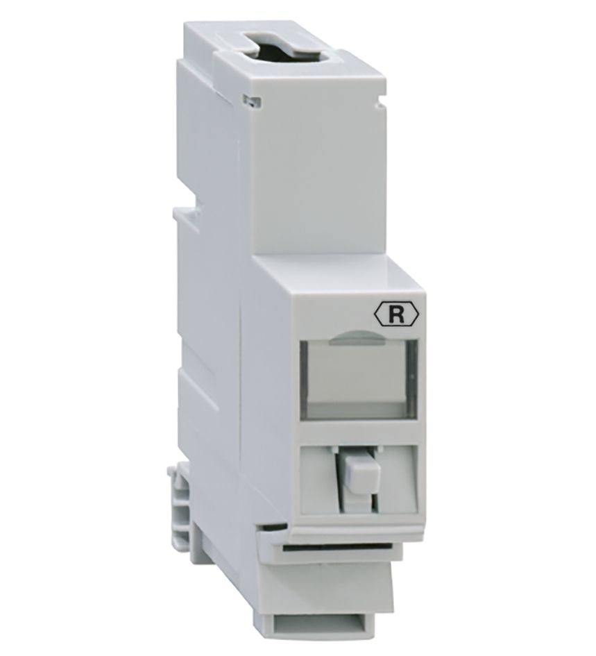 Anschlussdose Cat6A lgr 1xRJ45 RAL7035 Schneidkl m.Staubschutz