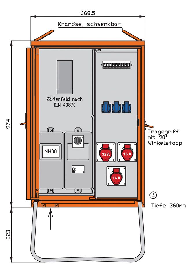 Anschlussverteiler 22kVA 22kVA 2CEE16A 1CEE32A 3Steckdose 1Zähler NH00 IP44