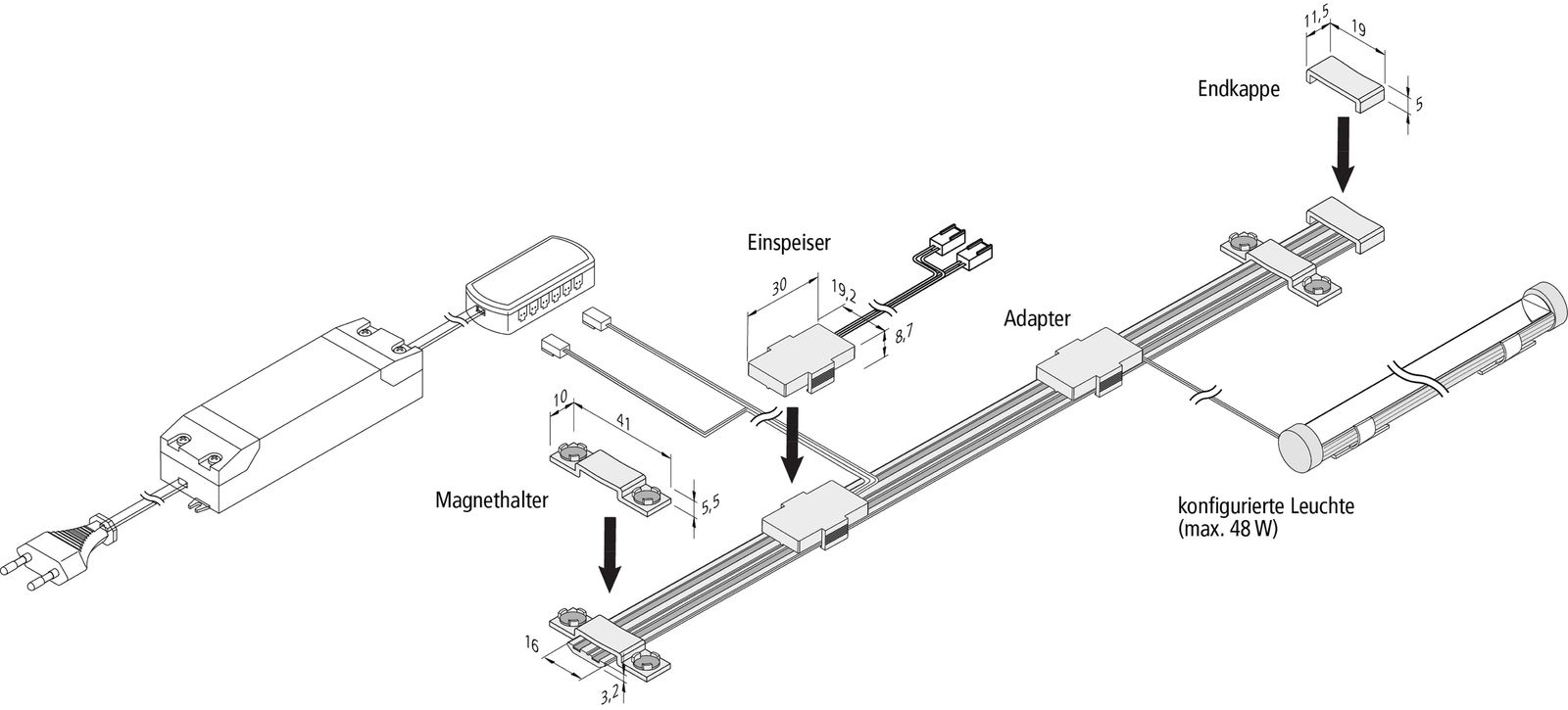 Stromschiene 2600mm sw 24V 16x3,2mm rechteck