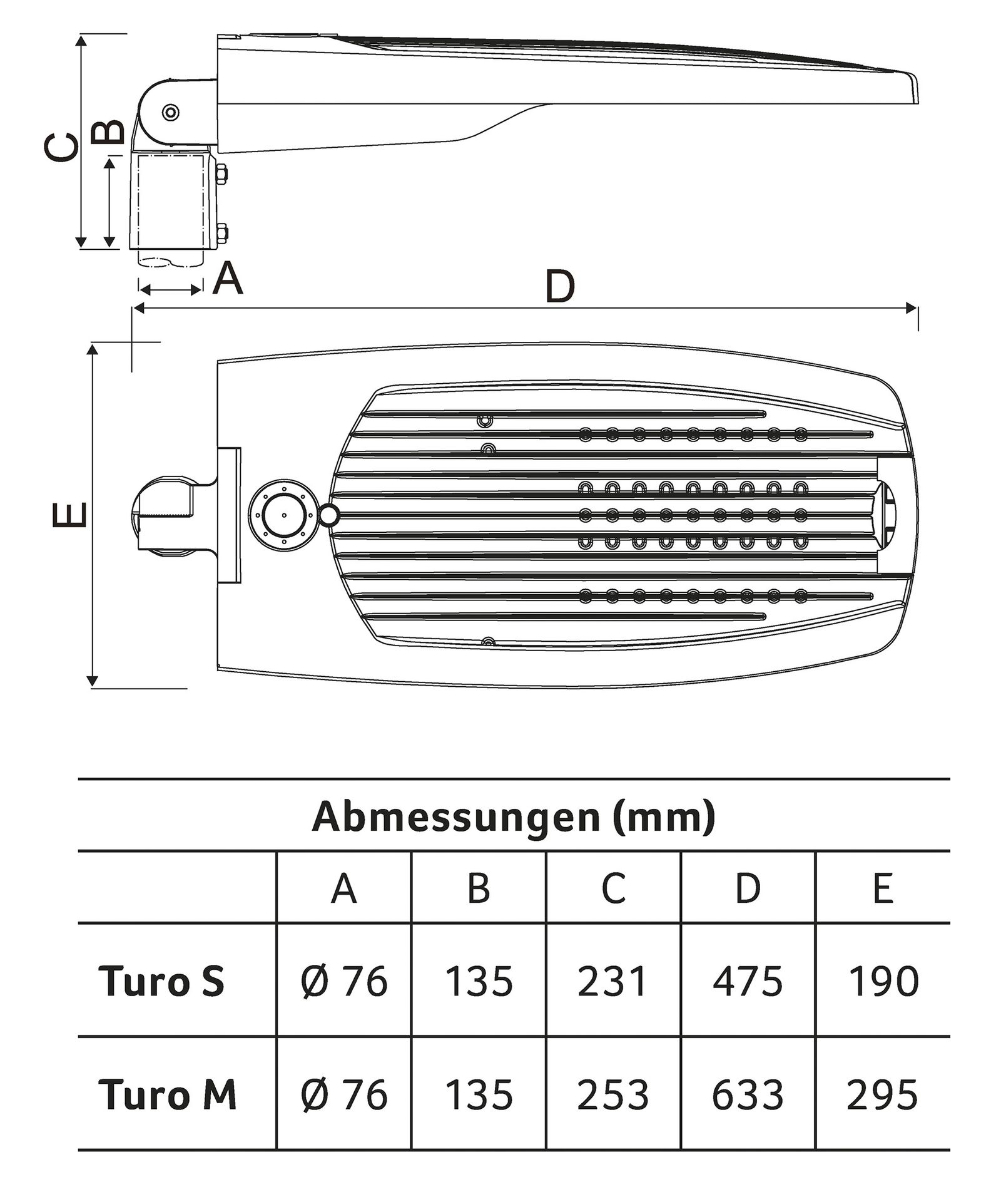 LED-Straßenleuchte 50W TURO Aufs/Ans sw 76mm 4000K 5850lm elektr.Trafo Alu Gl_tr
