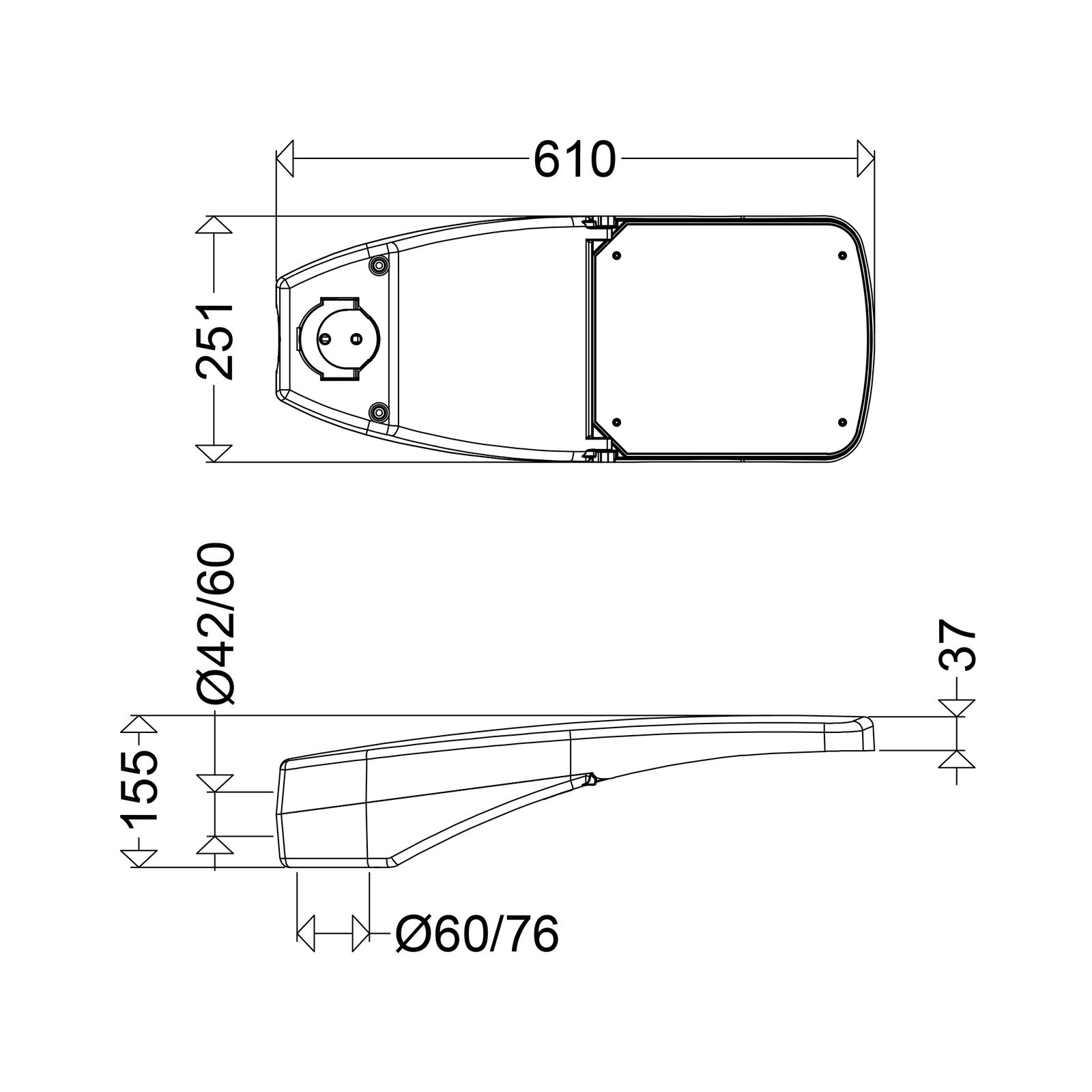 LED-Straßenleuchte 70W Aufs/Ans 42-76mm 4000K 9610lm gr Alu Gl_tr IP66 II