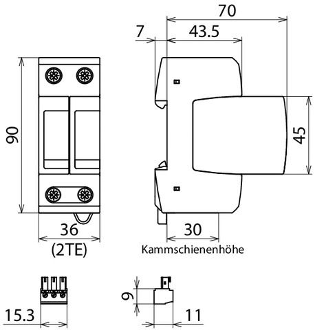 Überspannungsableiter TNNetzform- 230VAC 1,5kV Netzform-TN m.Fernmeldekont 2TE
