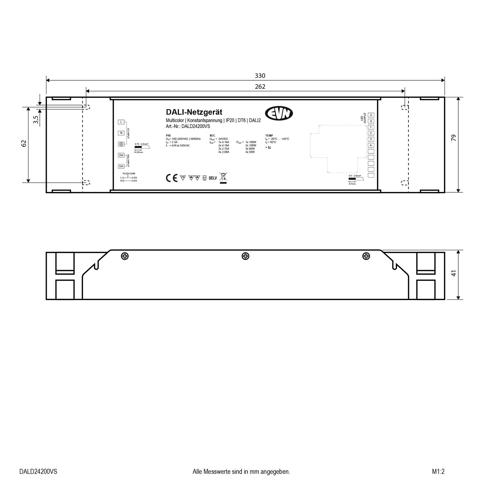 LED-Trafo 0,1-200W 8320mA 24V IP20 DALI Dimmung DALI Metallgeh stat 330x79x41mm