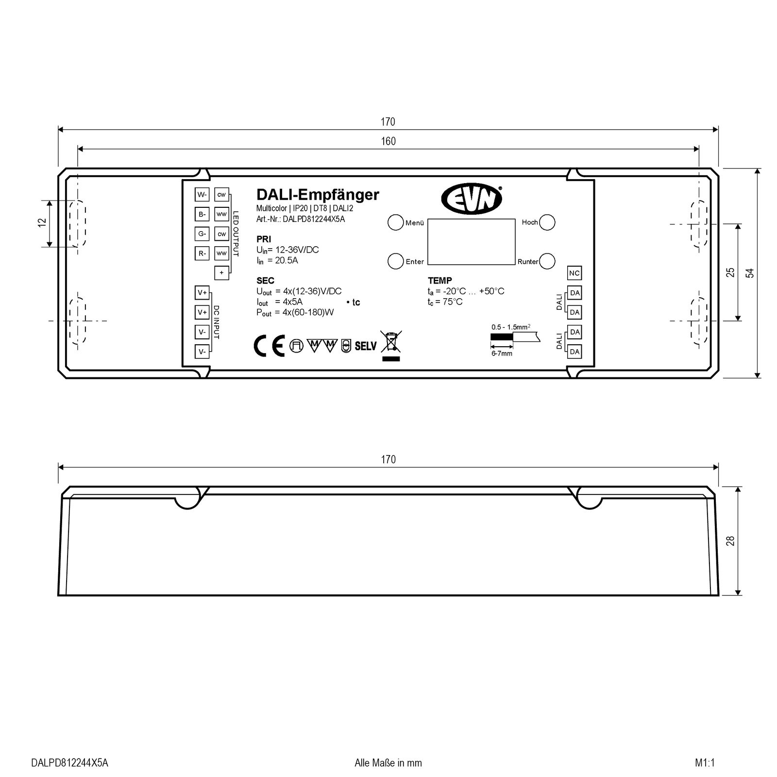 LED-Trafo 240-720W 5000mA 36V IP20 DALI Dimmung DALI Kstgeh dyn 168x54x29mm