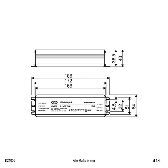 LED-Trafo 0,1-50W 24V IP67 Metallgeh stat 186x64x40mm