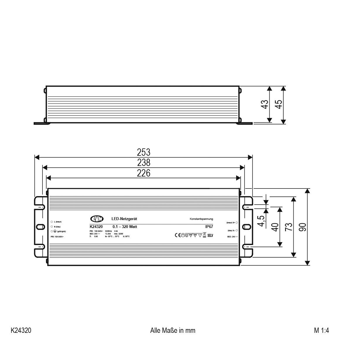 LED-Trafo 0,1-320W 24V IP67 Metallgeh stat 253x90x45mm