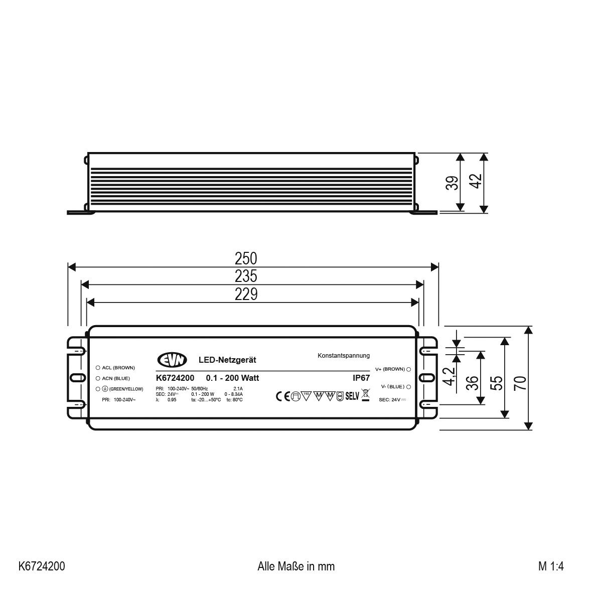 LED-Trafo 0-200W 2100mA 24V IP67 stat Metallgeh 250x70x42mm