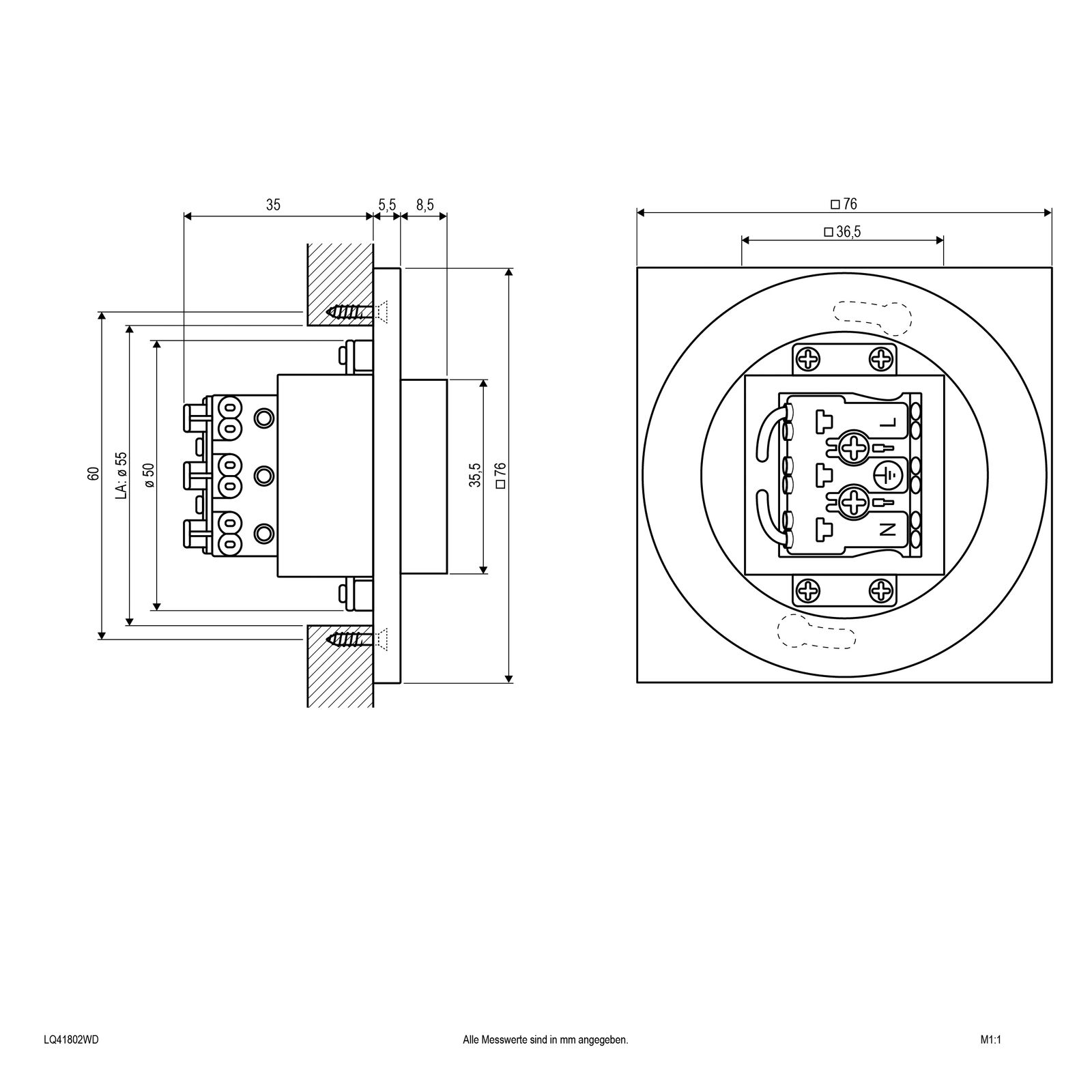 LED-Wandeinbauleuchte 1,8W 3000K 55lm ws Konv IP44 76x76x48mm