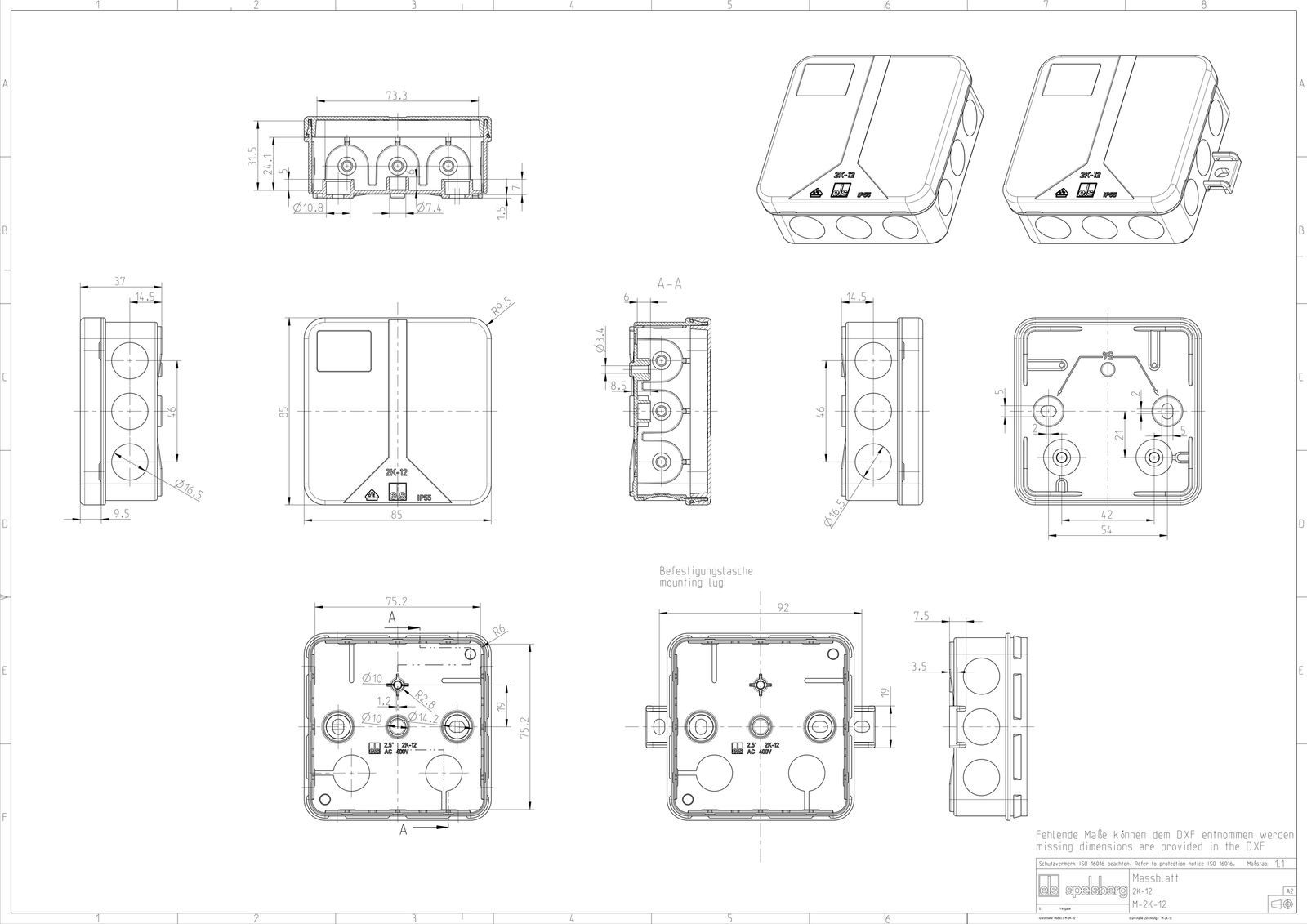 Abzweigdose IP55 2,5qmm 85x85x37mm sw Kst Wand/Decke hfr