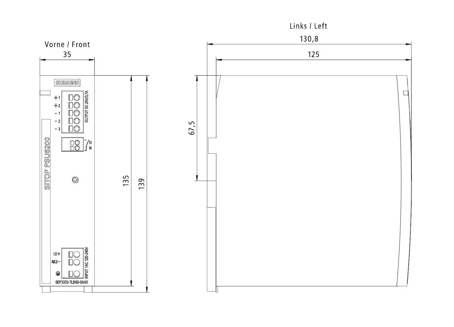 Gleichstromversorgung 24V 88,8W 3,7A 120-230VUC Kurzschlussf IP20
