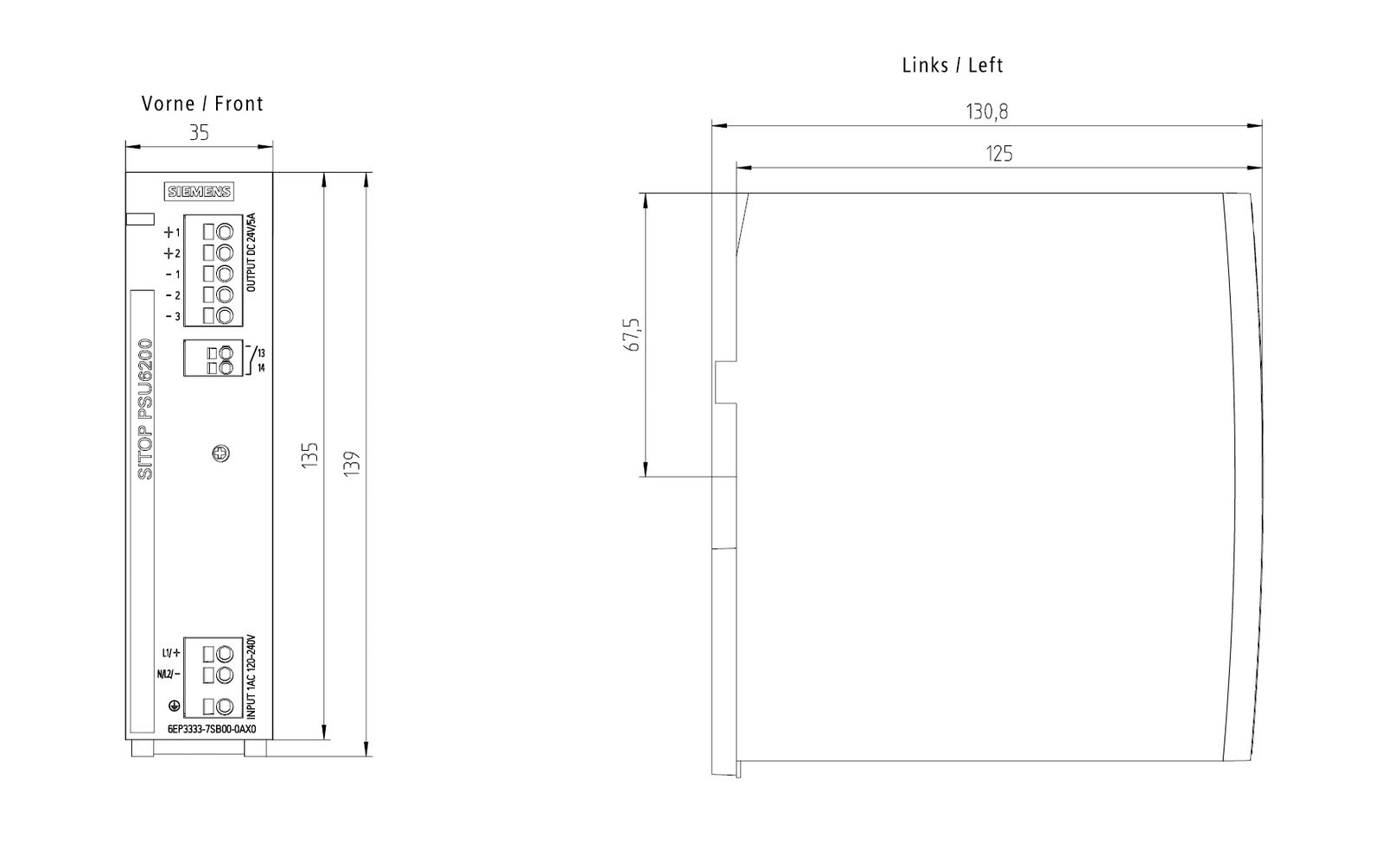 Gleichstromversorgung 24V 120W 5A IP20 120-230VUC Kurzschlussf
