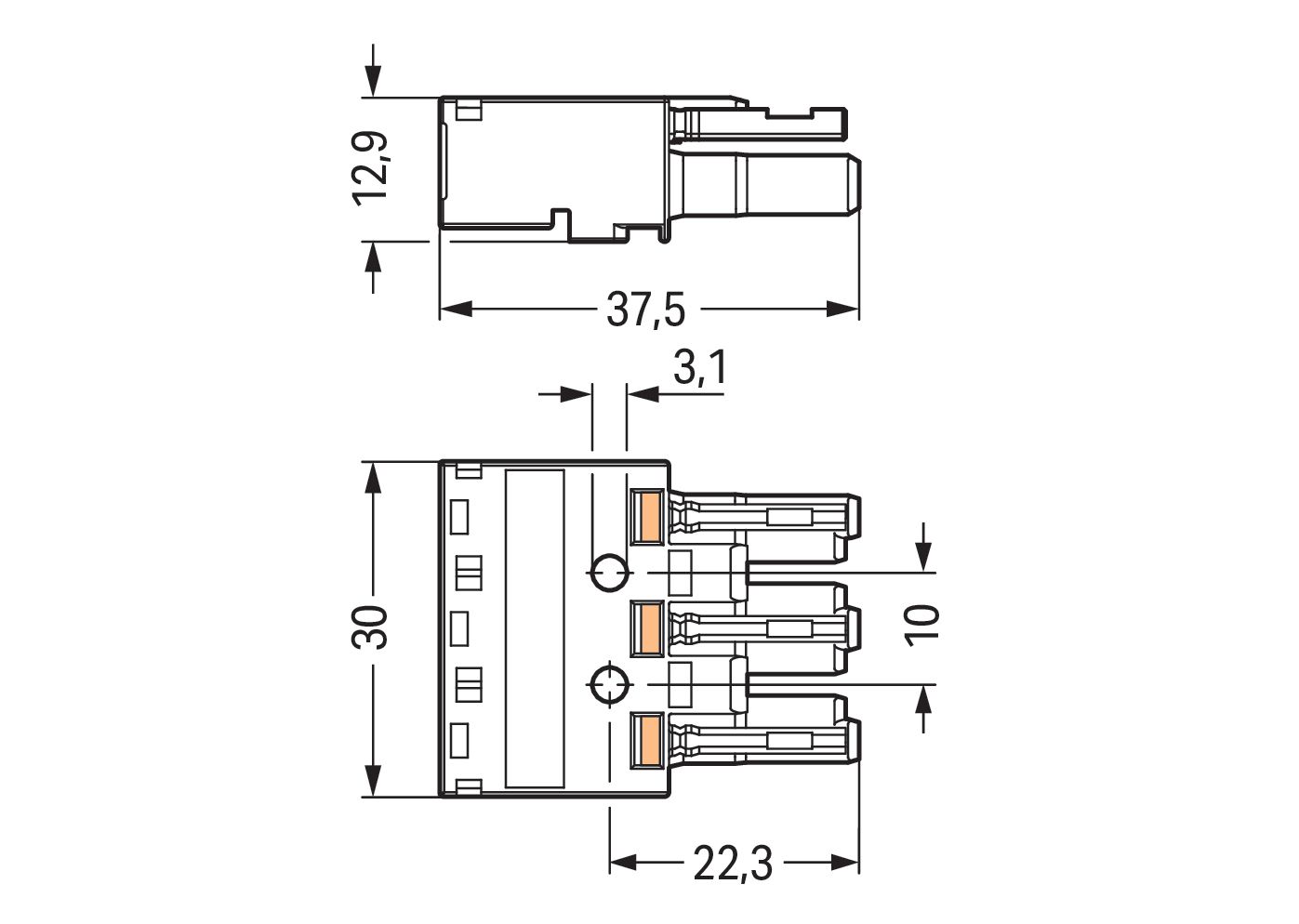Steckverbinder Gebäude 3p Federzug 250V 25A 4qmm Buchse 2in/1com/2out