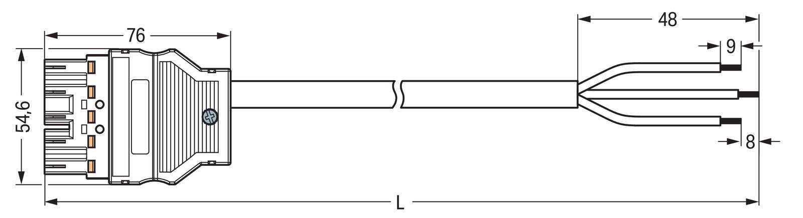 Geräteanschlussleitung 5p H05Z1Z1-F sw 1,5qmm L6000mm 5x1,5qmm Stecker fr.Ende