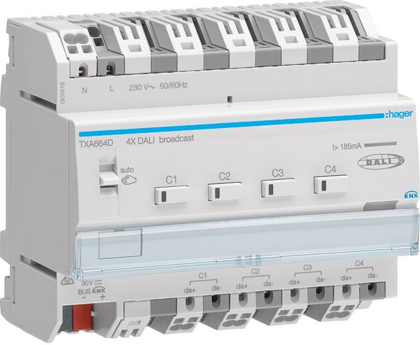 Dimmaktor KNX 1-3W REG 6TE 4Ausg uni Vor Ort-/Handbedienung