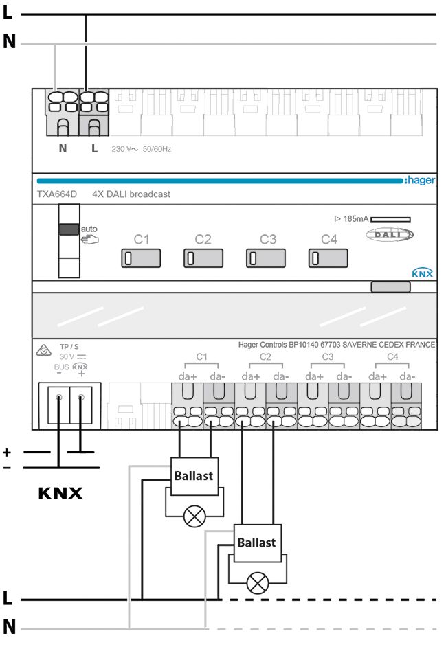 Dimmaktor KNX 1-3W REG 6TE 4Ausg uni Vor Ort-/Handbedienung