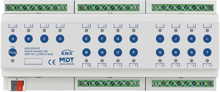 Schaltaktor KNX C-Last REG 12TE 20Ausg 16A 2500W 230V Vor Ort-/Handbedienung