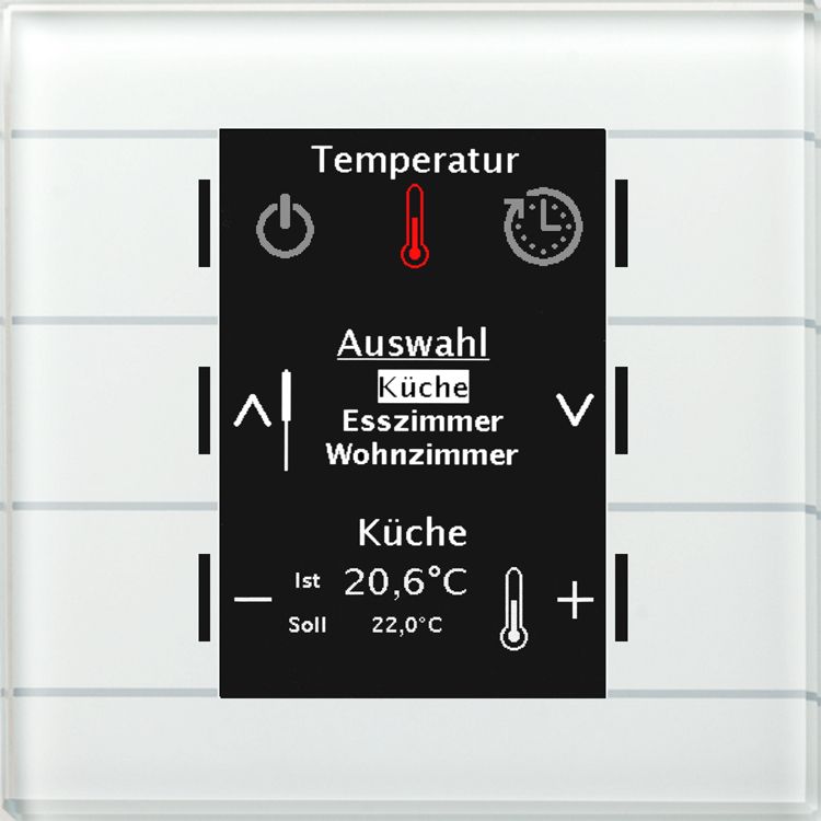 Bedienelement KNX KNX UP Glas ws UP 6Bet m.Display Manuelle Sollwertverstellung