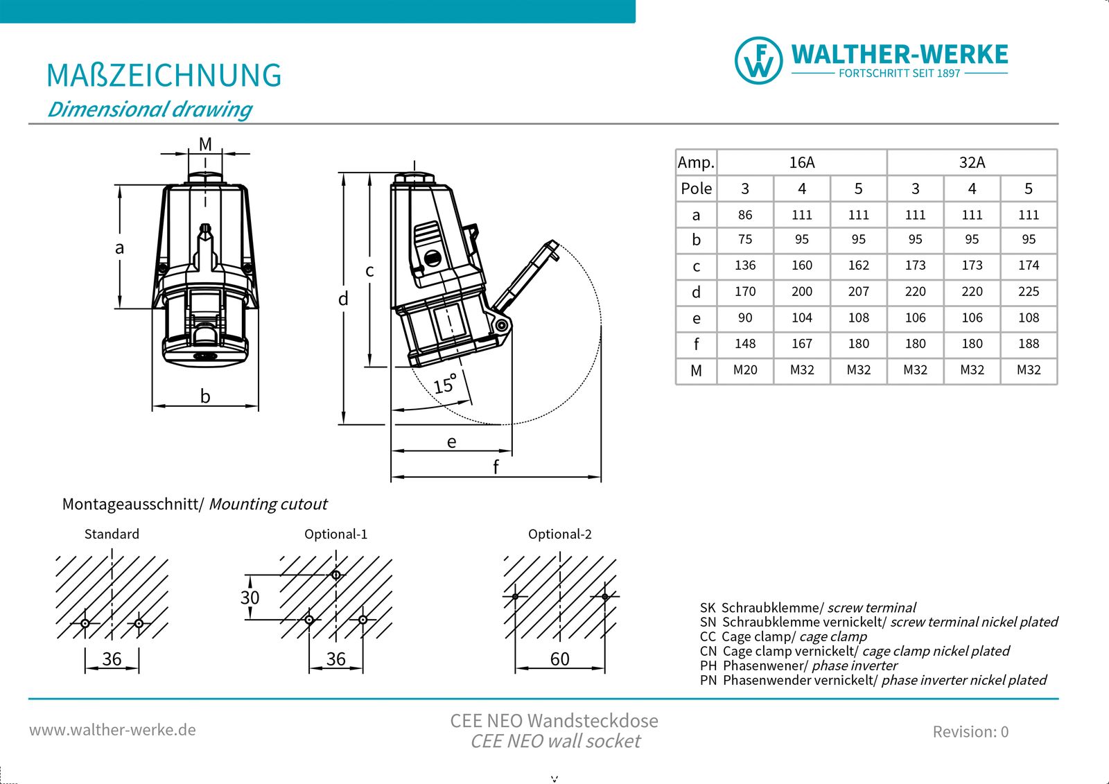 CEE-Steckdose 5p 16A 6h 400V/rt IP54 AP Schraubkl Kst