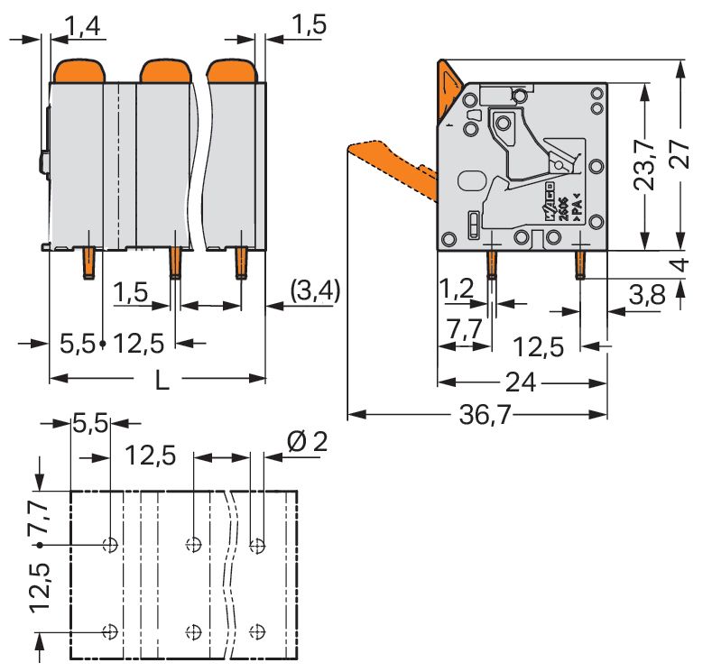 Printklemme 5f 1re gr RM=12,5 0,2-10qmm Federzug/Löt 0,25-6qmm