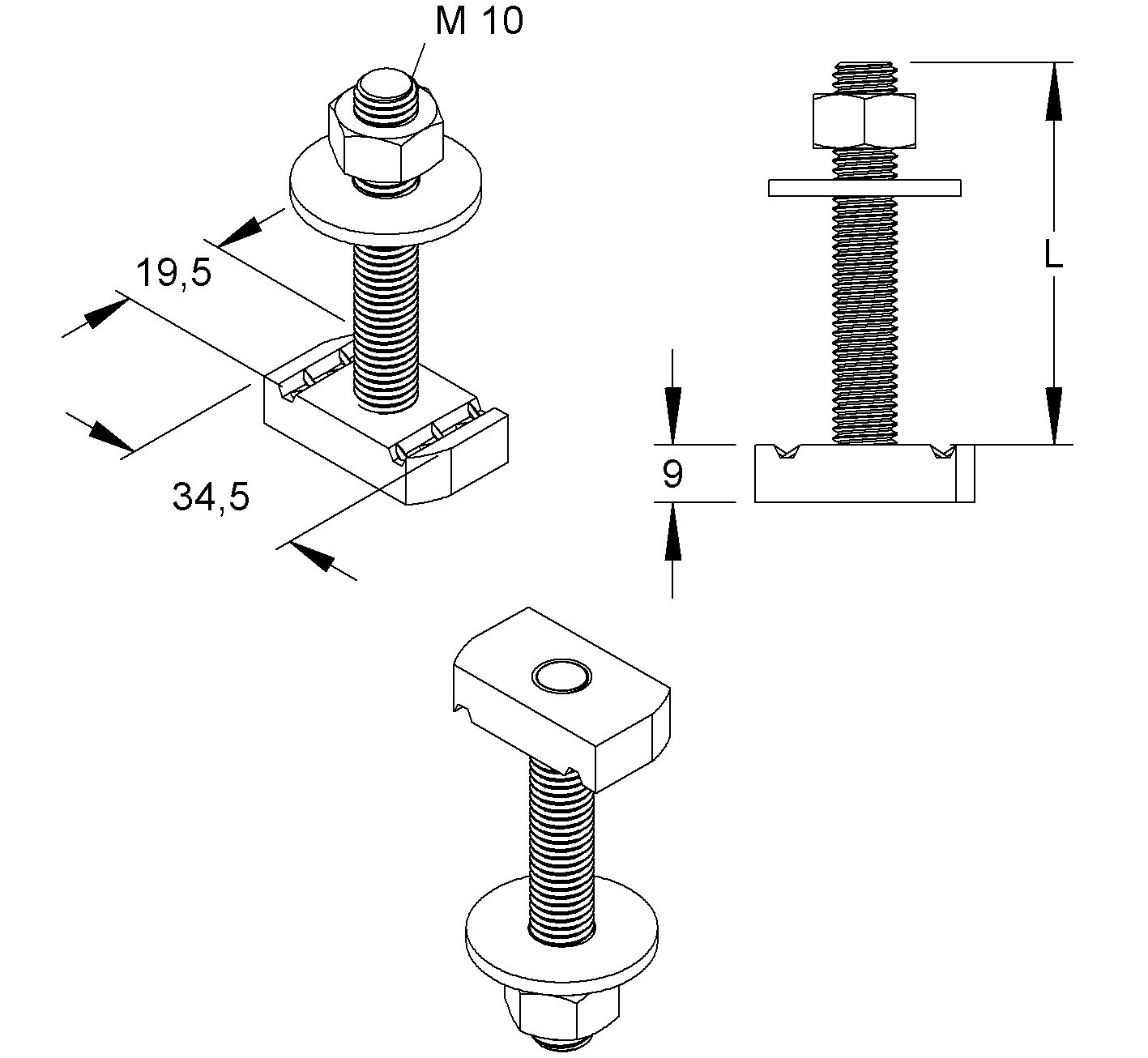 Hammerkopfschraube 34,5mm M20x30mm ST 4.6 g/vz Geeignet für Montageschiene