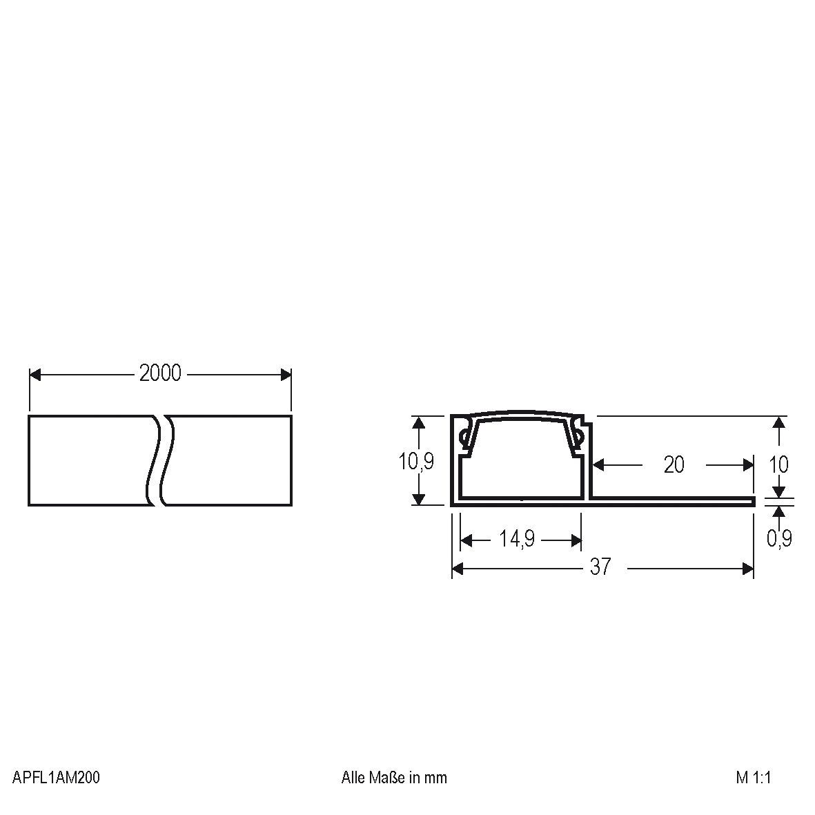 Anbauprofil alu sym direkt Alu 2000x37x10,9mm