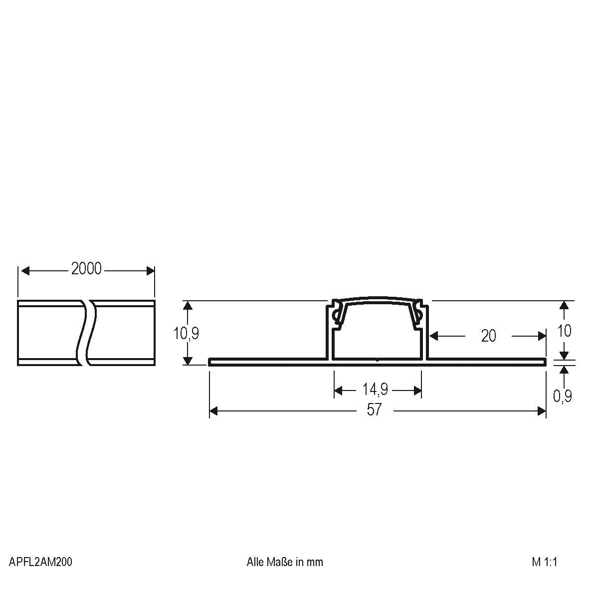 Anbauprofil alu sym direkt Alu 2000x57x10,9mm