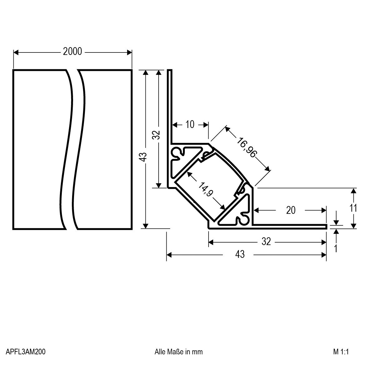 Eckprofil alu sym direkt Alu 2000x43x43mm