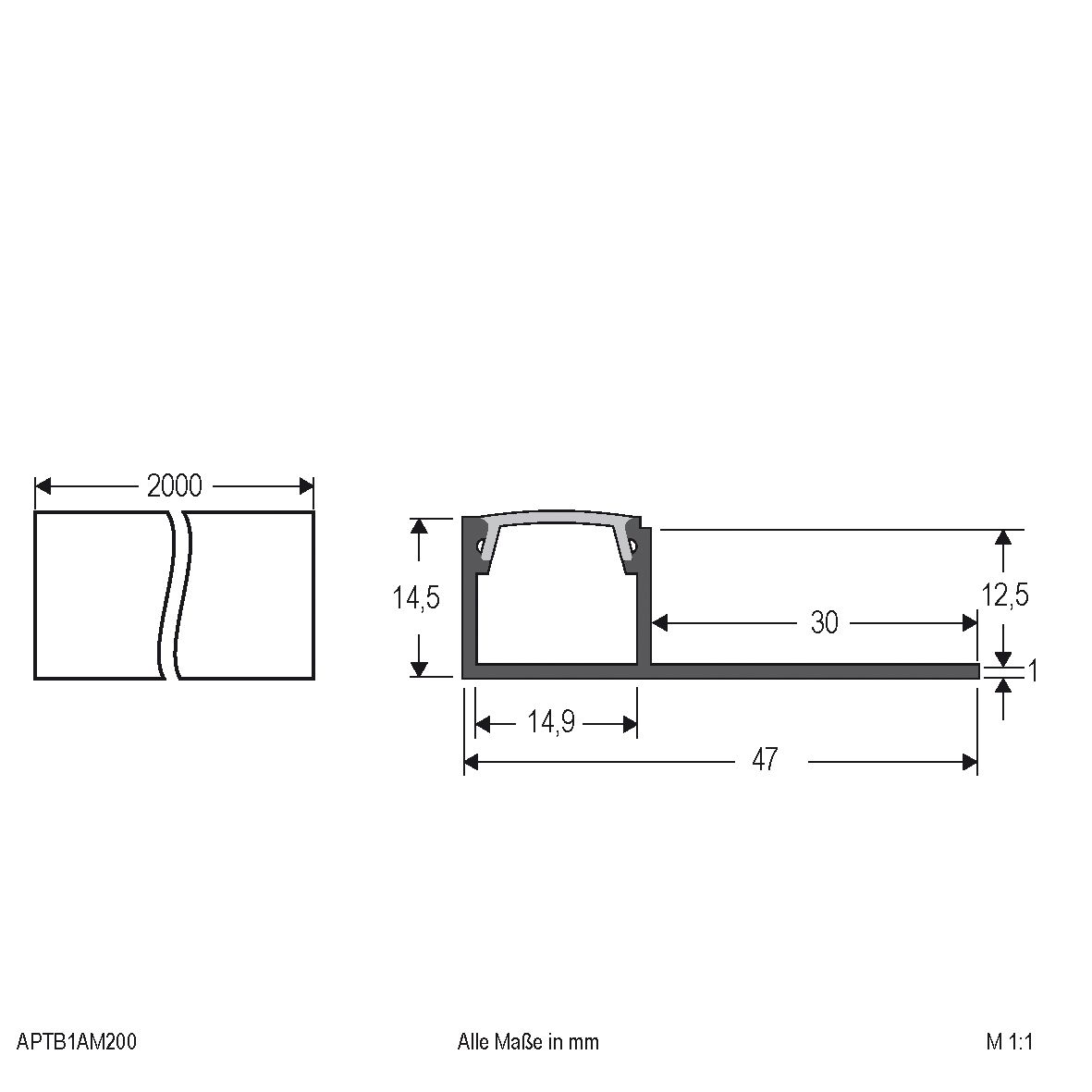 Anbauprofil alu sym direkt Alu 2000x47x14,5mm