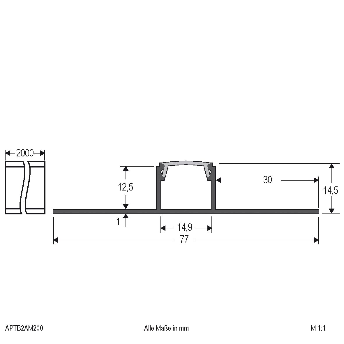 Anbauprofil alu sym direkt Alu 2000x77x14,5mm