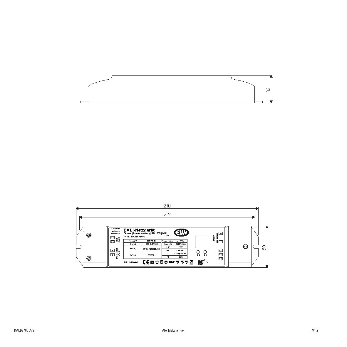 LED-Trafo 0,1-50W 2080mA 24V IP20 DALI Dimmung DALI Kstgeh stat 210x50x32mm