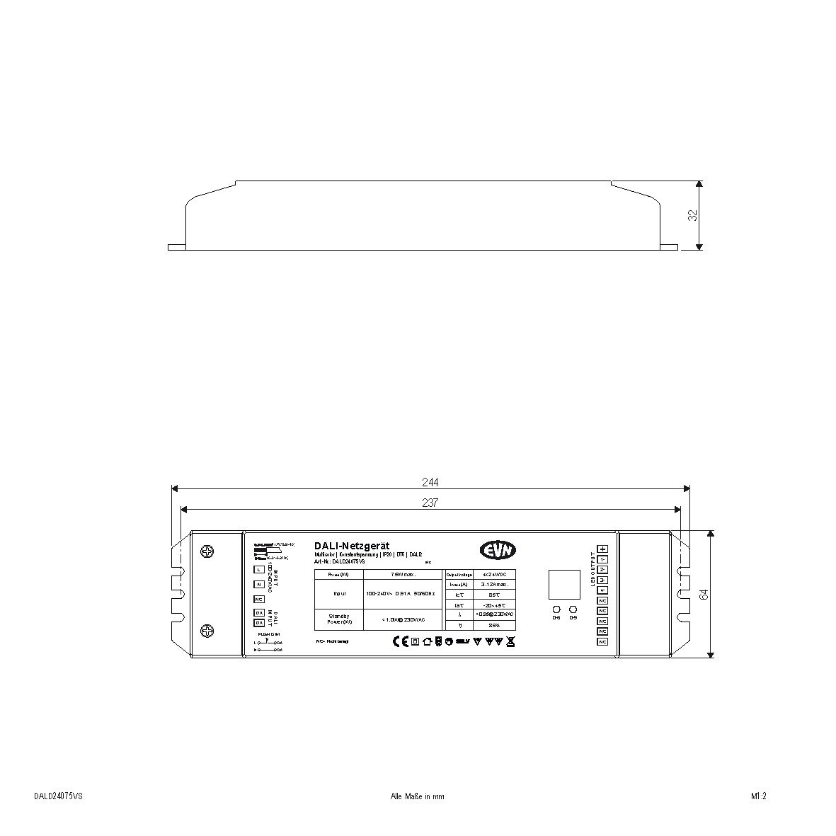 LED-Trafo 0,1-75W 780mA 24V IP20 DALI Dimmung DALI Kstgeh stat 244x64x33mm