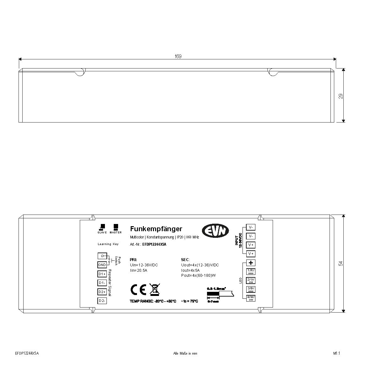 LED-Trafo 240-720W 5000mA 12-48V IP20 Kstgeh dyn 170x64x29mm